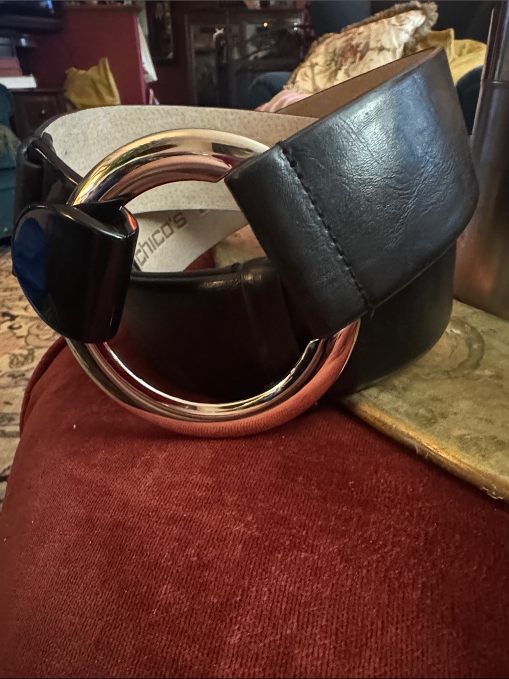 Chico's Wide Black Leather Belt with Shiny Silver Ring Buckle